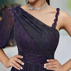 Dark Blue One Shoulder Maxi Dress Cape Sleeves Wedding Guest Prom - Styeenigma