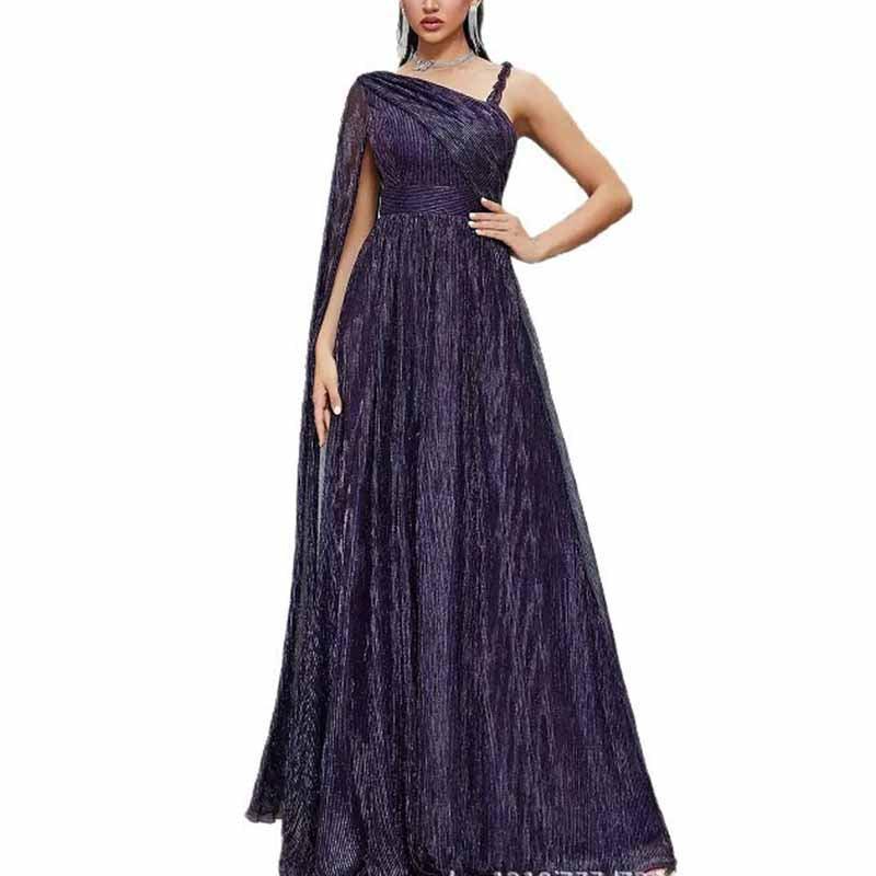 Dark Blue One Shoulder Maxi Dress Cape Sleeves Wedding Guest Prom - Styeenigma