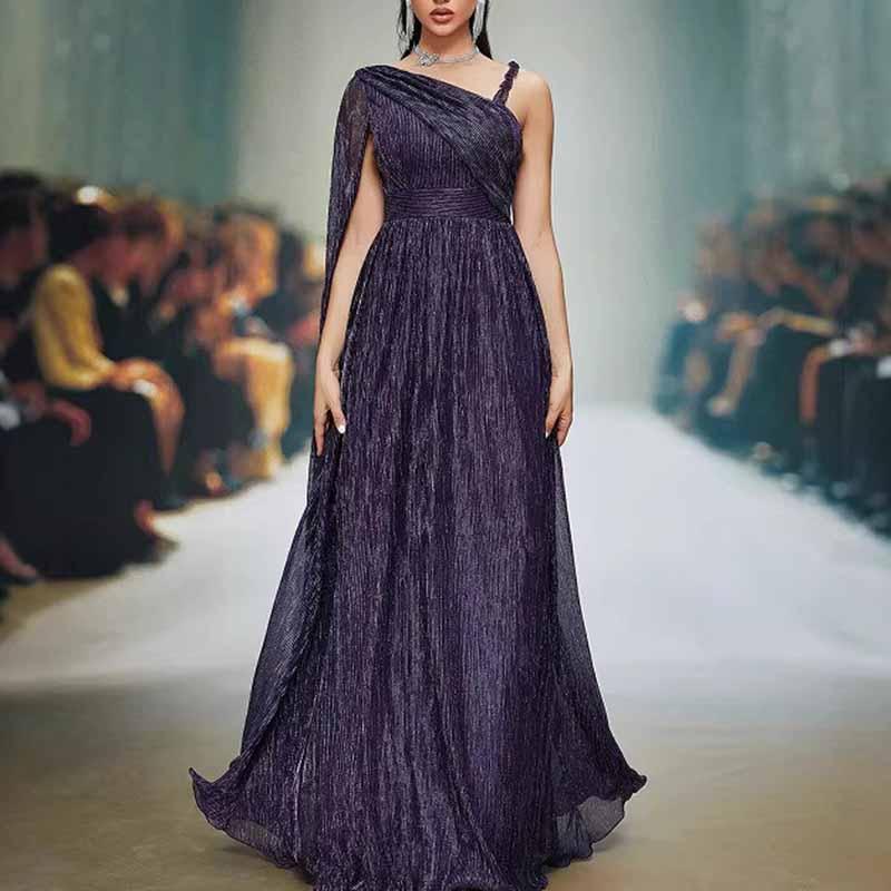 Dark Blue One Shoulder Maxi Dress Cape Sleeves Wedding Guest Prom - Styeenigma
