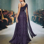 Dark Blue One Shoulder Maxi Dress Cape Sleeves Wedding Guest Prom - Styeenigma