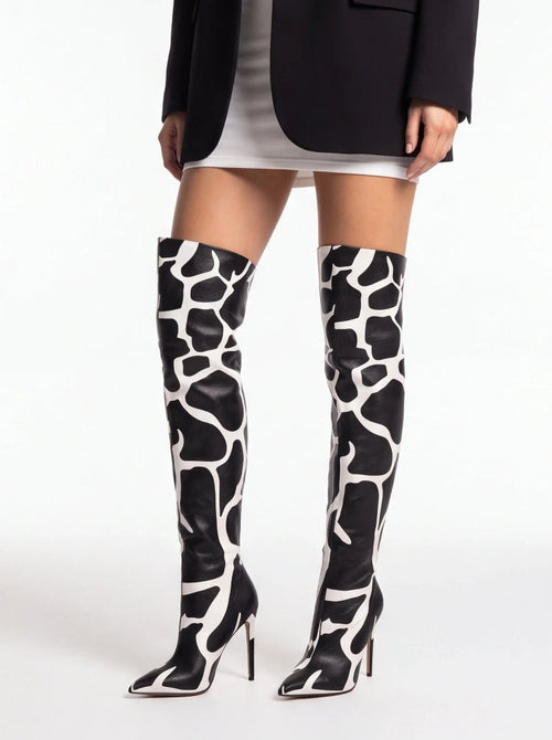 Animal Print Over-the-Knee Boots Faux Leather Stiletto Heel Pointed Toe Bootie - Styeenigma