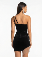Black one-shoulder dress with fringe details on a white background