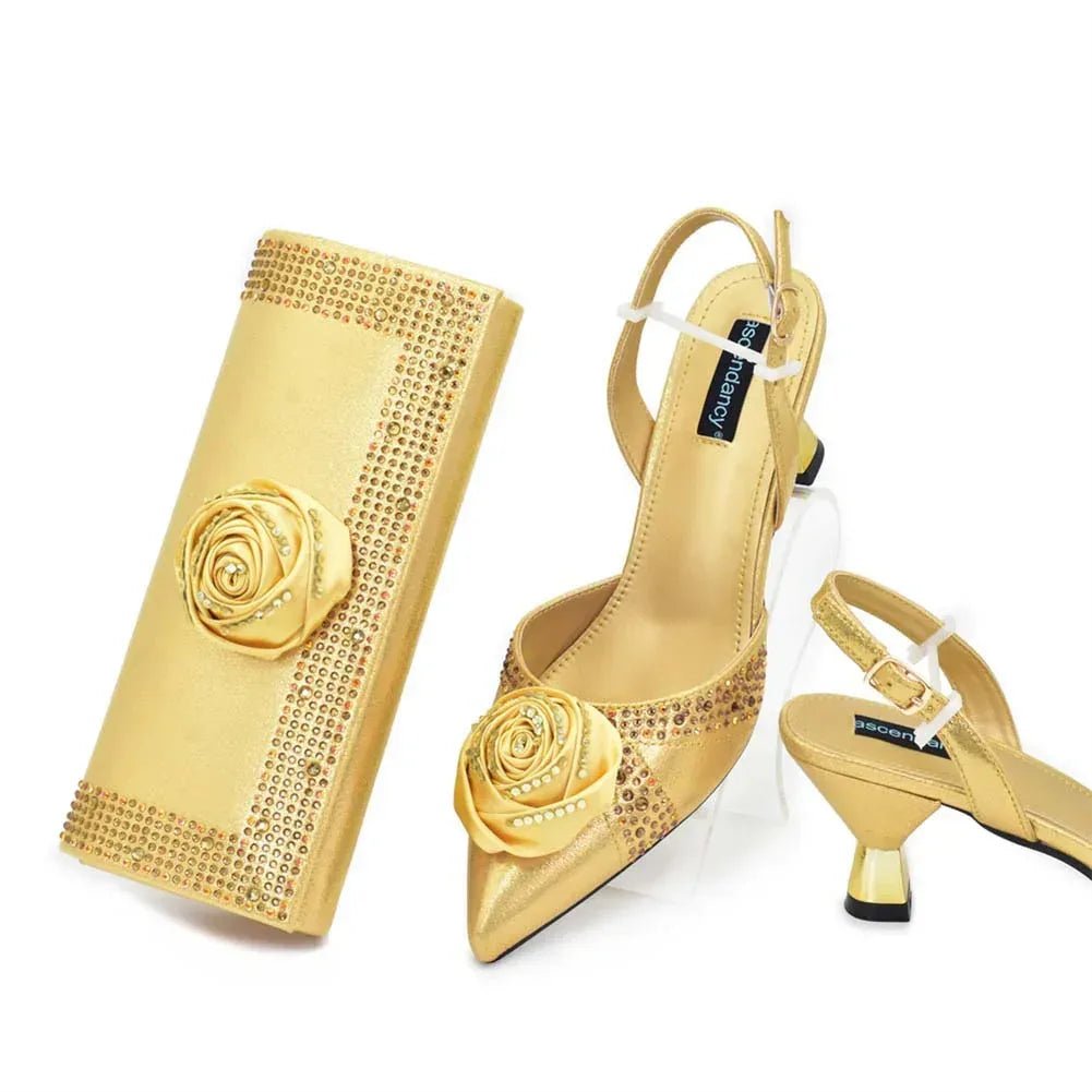 3D Floral Appliqué Mid-Heel Pumps & Evening Bag Set - Styeenigma