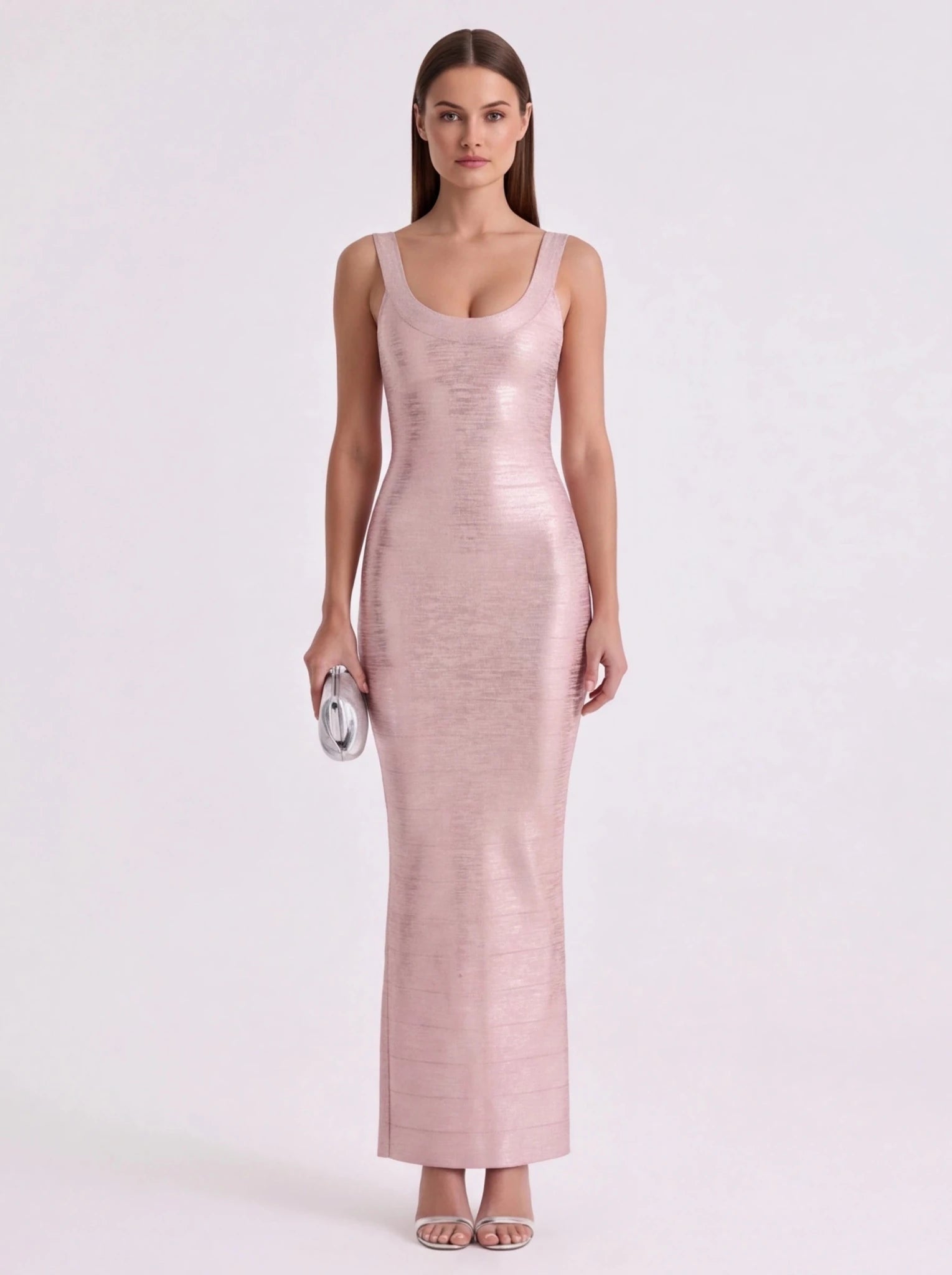 Slinky Metallic Bodycon Maxi Dress | Women's Sleeveless U-Neck Stretchy Evening Gown - Styeenigma