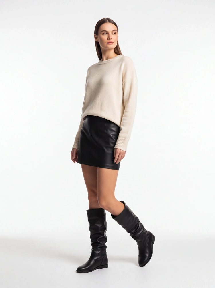 Women's Flat Knee High Boots Slouchy Faux Leather Boots - Styeenigma