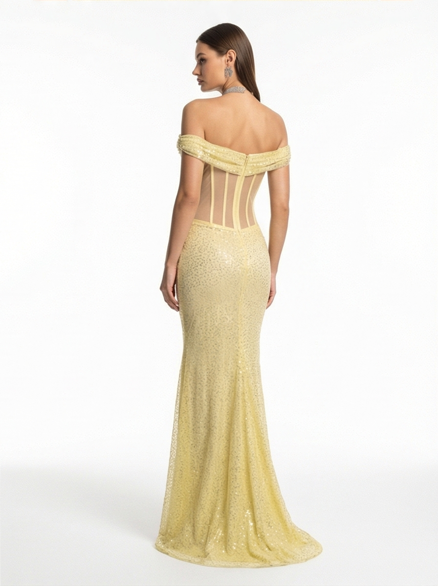 Yellow Off-Shoulder Sequin Mermaid Gown – Sheer Corset & High Slit