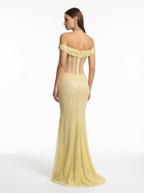 Yellow Off-Shoulder Sequin Mermaid Gown – Sheer Corset & High Slit