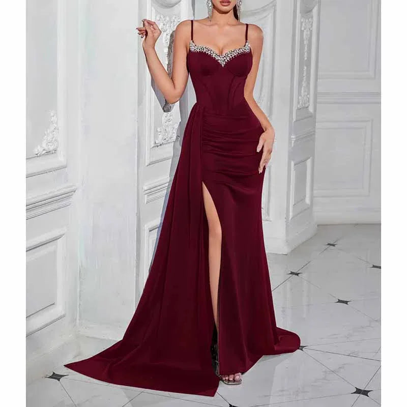 Rhinestone Spaghetti Strap High Split Evening Dress | Gowns - Styeenigma