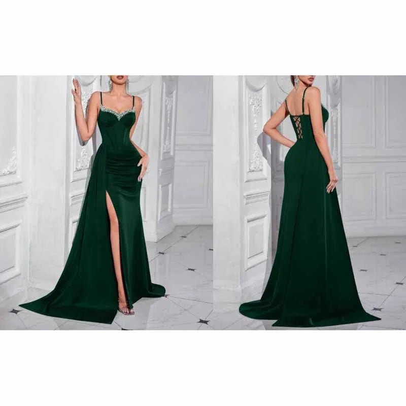 Rhinestone Spaghetti Strap High Split Evening Dress | Gowns - Styeenigma