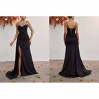 Rhinestone Spaghetti Strap High Split Evening Dress | Gowns - Styeenigma