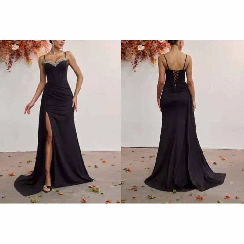 Rhinestone Spaghetti Strap High Split Evening Dress | Gowns - Styeenigma