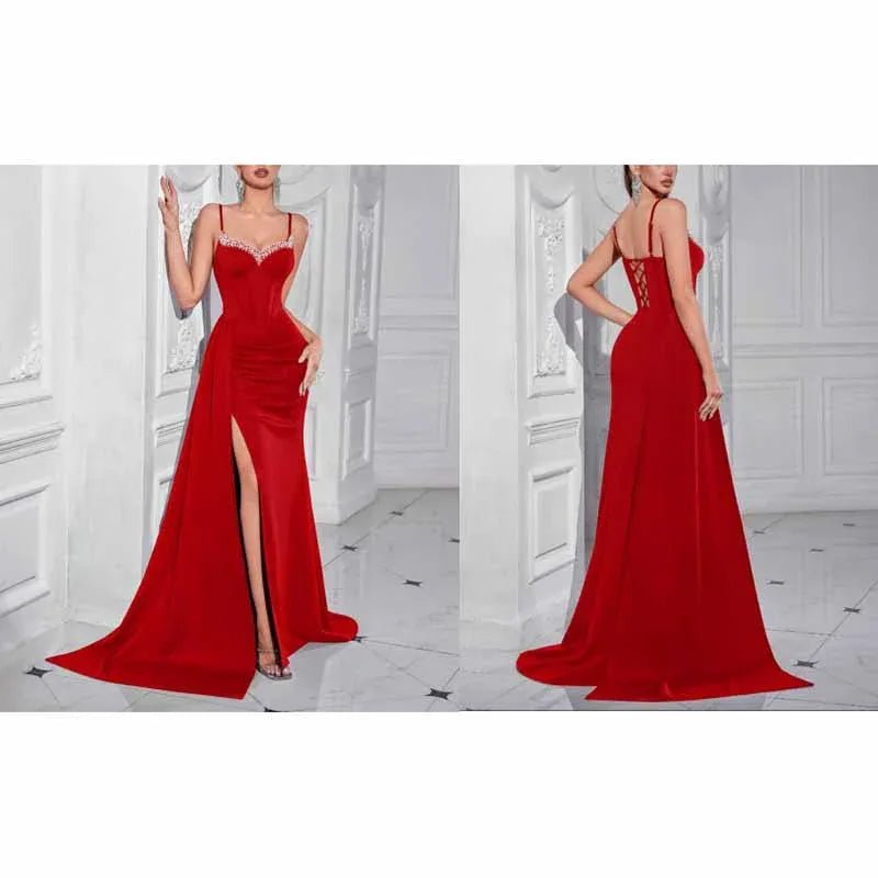 Rhinestone Spaghetti Strap High Split Evening Dress | Gowns - Styeenigma