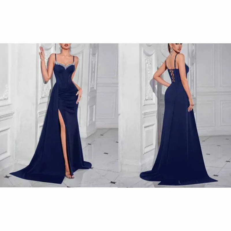 Rhinestone Spaghetti Strap High Split Evening Dress | Gowns - Styeenigma