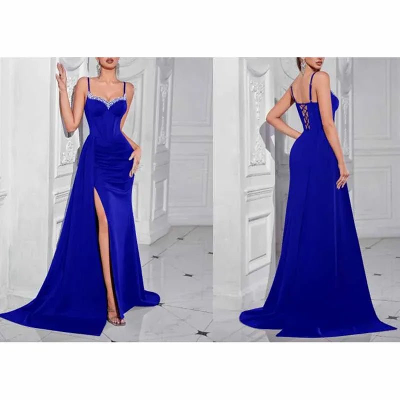 Rhinestone Spaghetti Strap High Split Evening Dress | Gowns - Styeenigma
