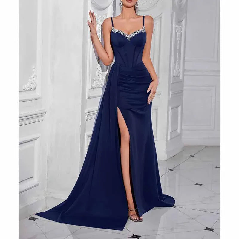 Rhinestone Spaghetti Strap High Split Evening Dress | Gowns - Styeenigma