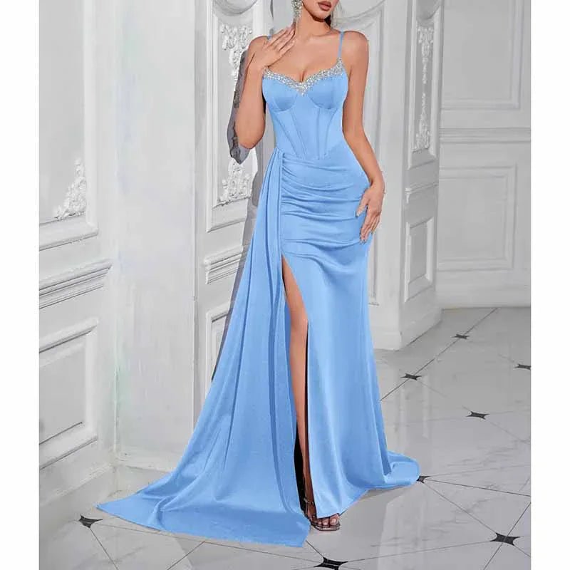 Rhinestone Spaghetti Strap High Split Evening Dress | Gowns - Styeenigma