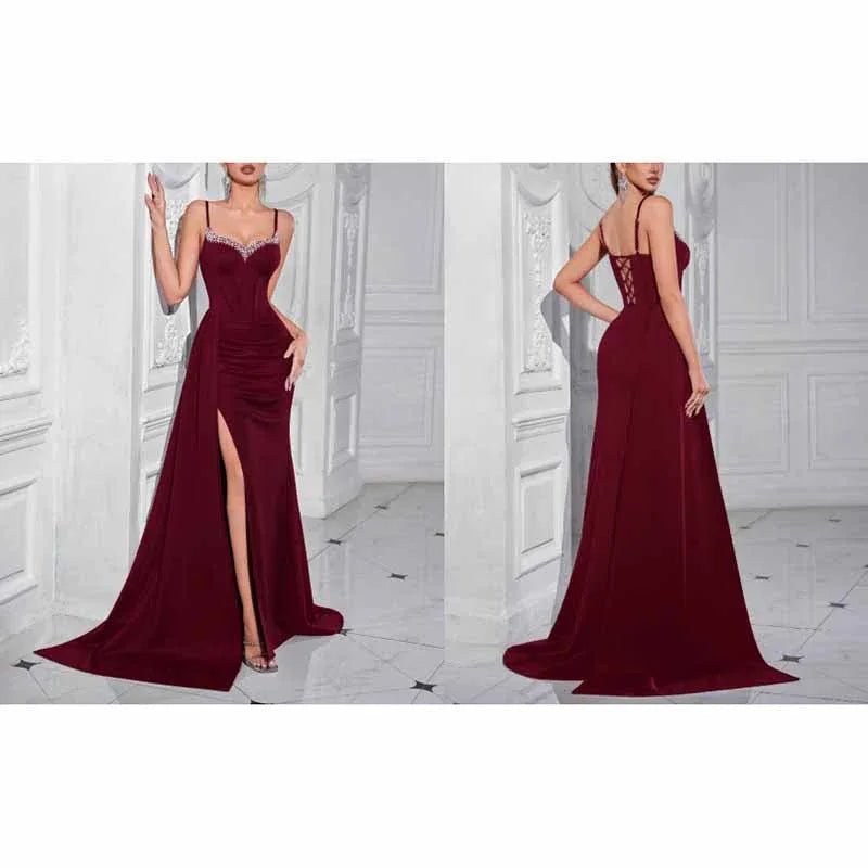 Rhinestone Spaghetti Strap High Split Evening Dress | Gowns - Styeenigma
