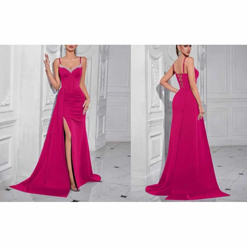 Rhinestone Spaghetti Strap High Split Evening Dress | Gowns - Styeenigma