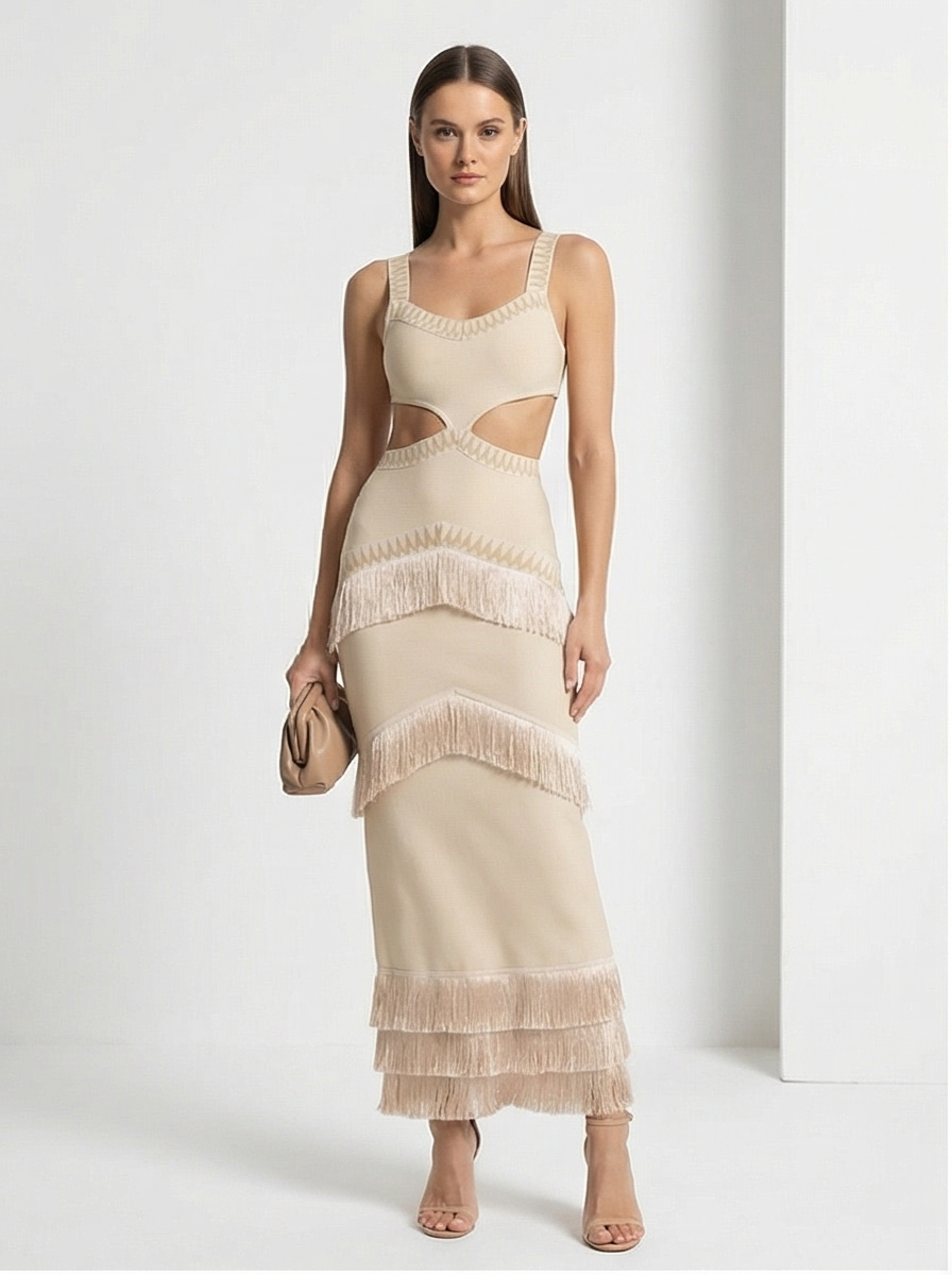 Woman wearing a beige dress with cut-out design on a white background