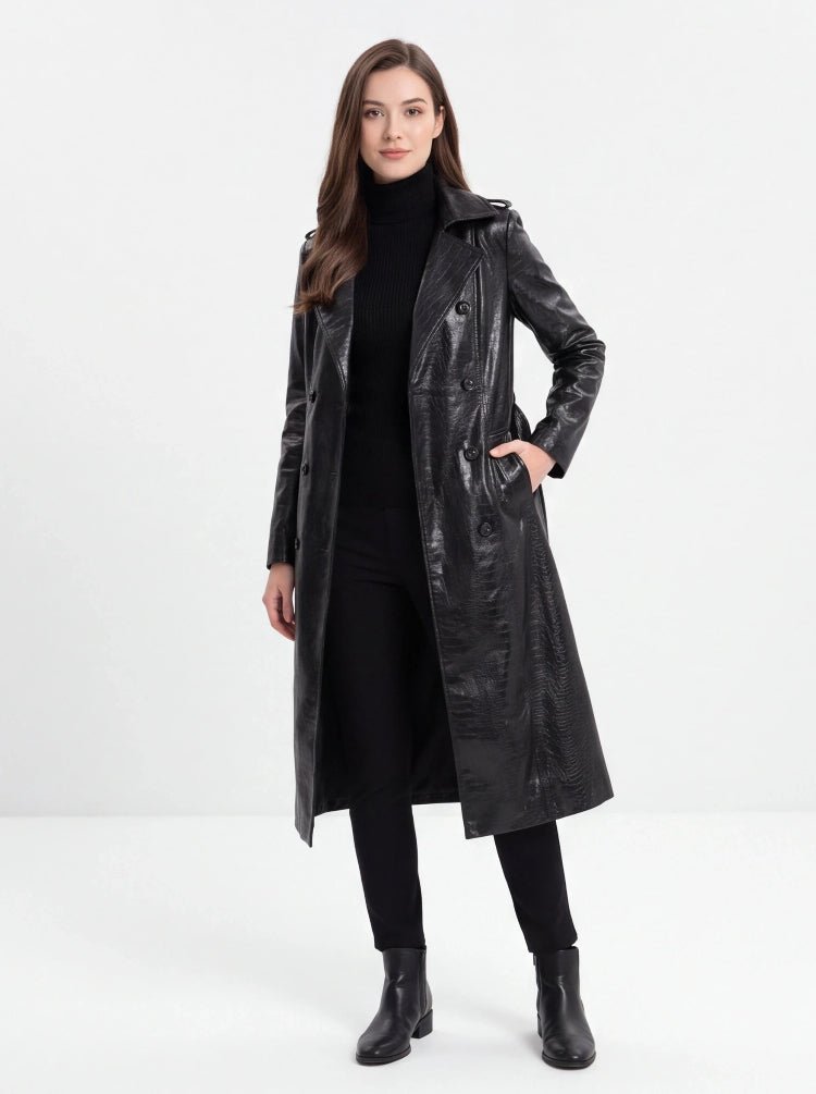 Black PU Leather Trench Coat Women's Double Breasted Belted Long Coat