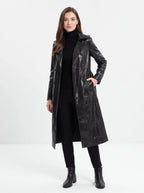 Black PU Leather Trench Coat Women's Double Breasted Belted Long Coat