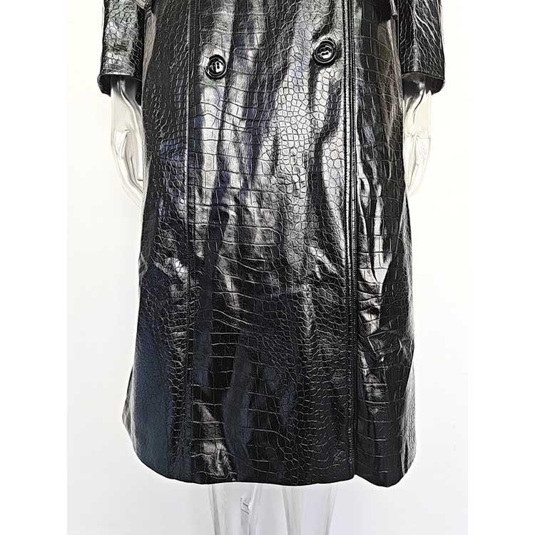 Black PU Leather Trench Coat Women's Double Breasted Belted Long Coat