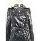 Black PU Leather Trench Coat Women's Double Breasted Belted Long Coat