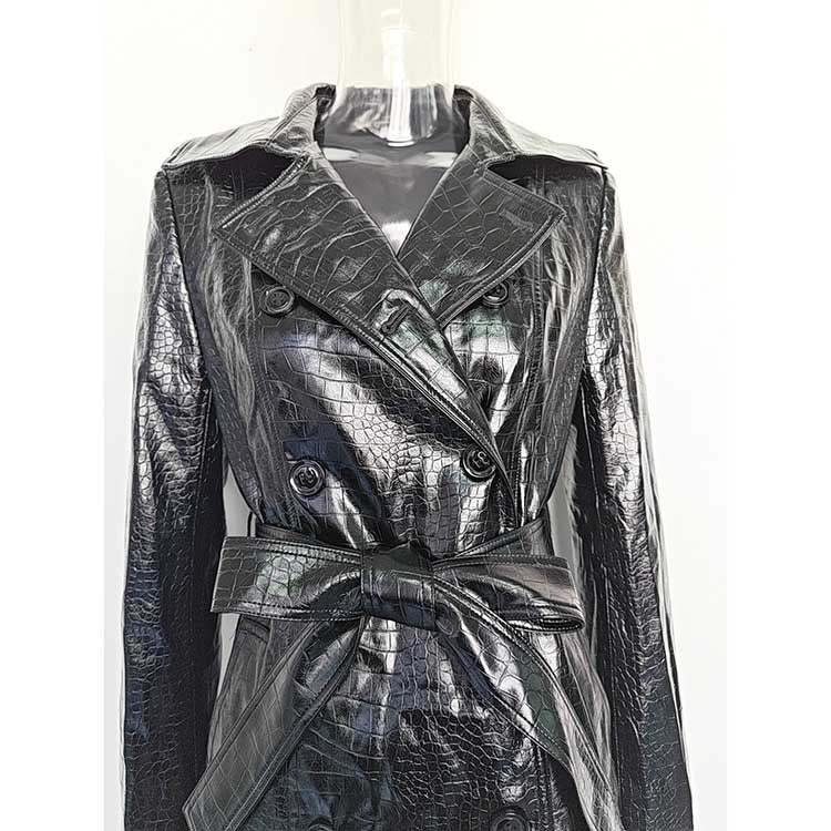 Black PU Leather Trench Coat Women's Double Breasted Belted Long Coat