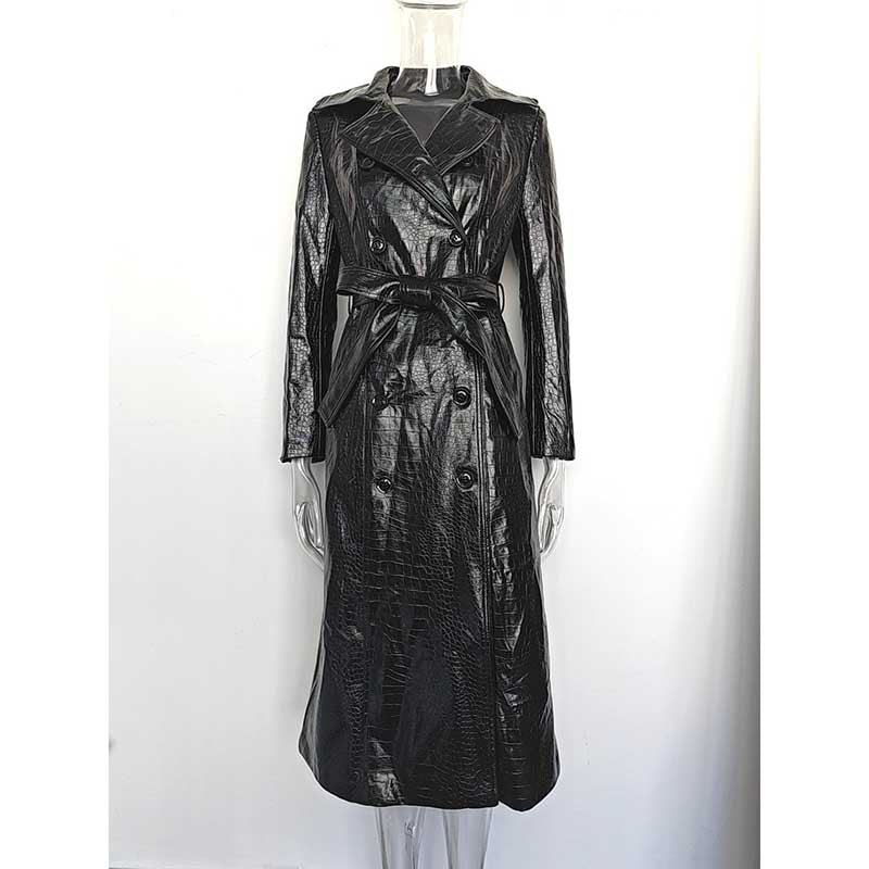 Black PU Leather Trench Coat Women's Double Breasted Belted Long Coat