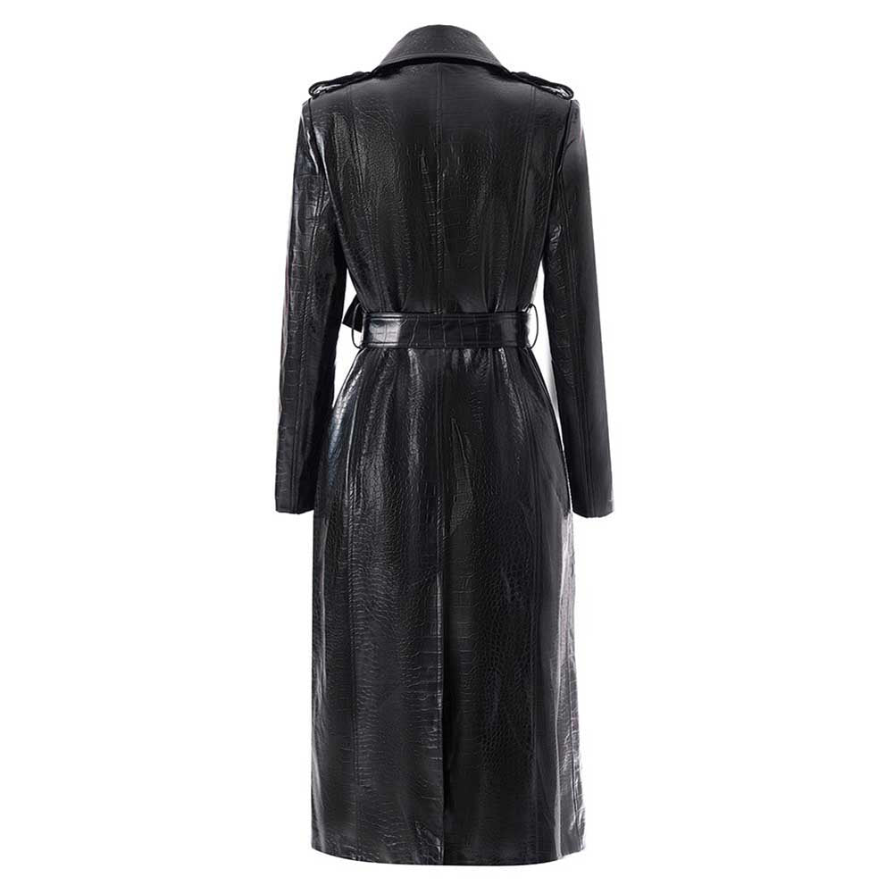Black PU Leather Trench Coat Women's Double Breasted Belted Long Coat