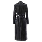 Black PU Leather Trench Coat Women's Double Breasted Belted Long Coat