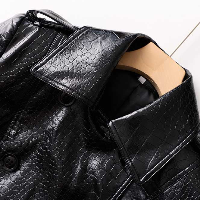 Black PU Leather Trench Coat Women's Double Breasted Belted Long Coat
