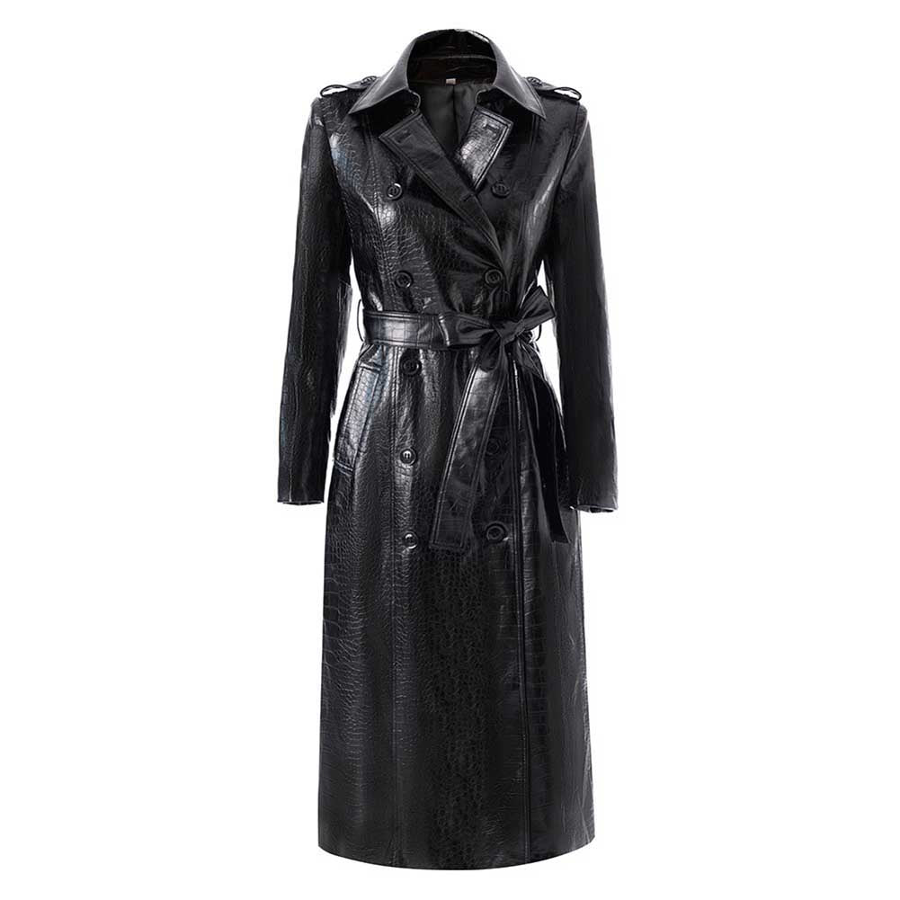 Black PU Leather Trench Coat Women's Double Breasted Belted Long Coat