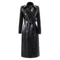 Black PU Leather Trench Coat Women's Double Breasted Belted Long Coat