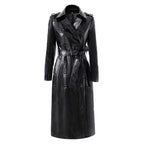 Black PU Leather Trench Coat Women's Double Breasted Belted Long Coat