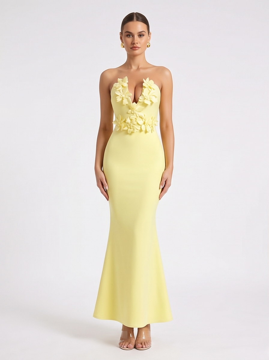 Yellow Halter Neck Floral Mermaid Dress for Prom