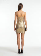 Gold metallic bodycon dress with square neck and spaghetti straps back