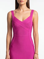 Fuchsia Pink Bodycon Midi Dress – Sleeveless V-Neck with Cross Front Detail For Summer Parties & Dates