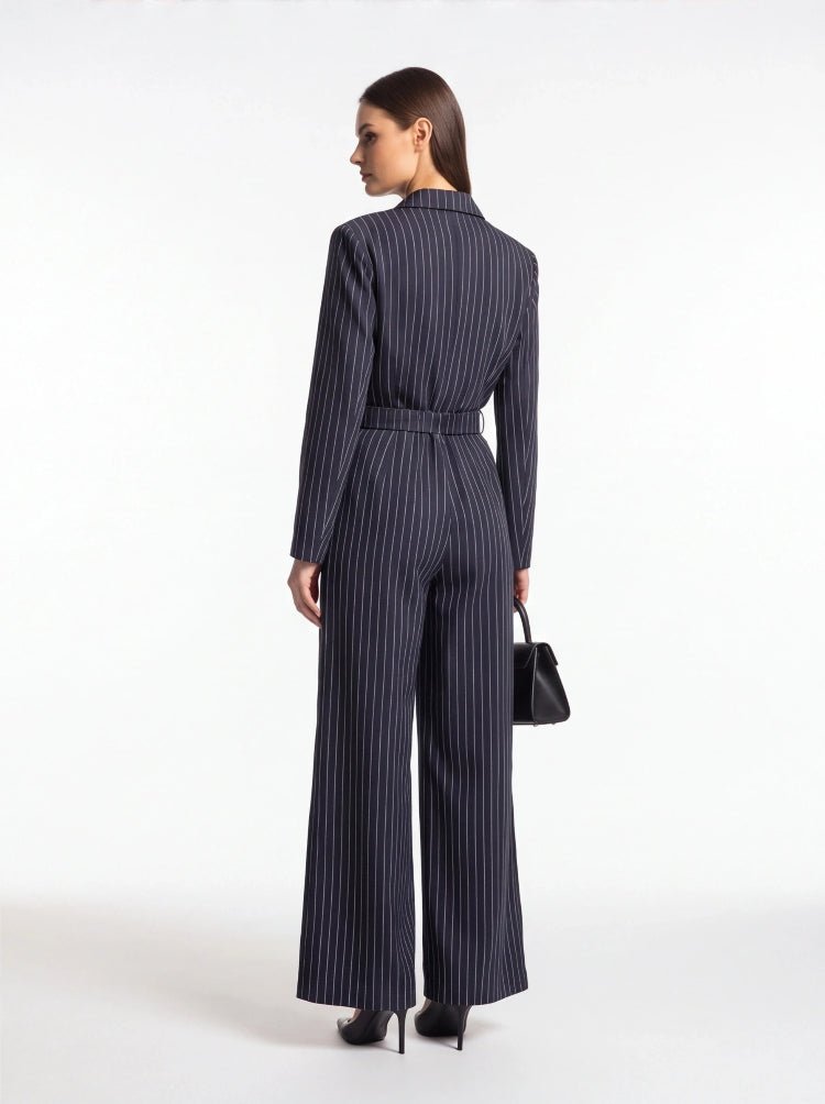 Women’s Navy Stripe Belted Jumpsuit Blazer Style Wide Leg Pants - Styeenigma