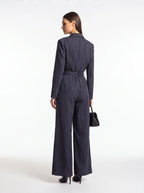 Women’s Navy Stripe Belted Jumpsuit Blazer Style Wide Leg Pants - Styeenigma