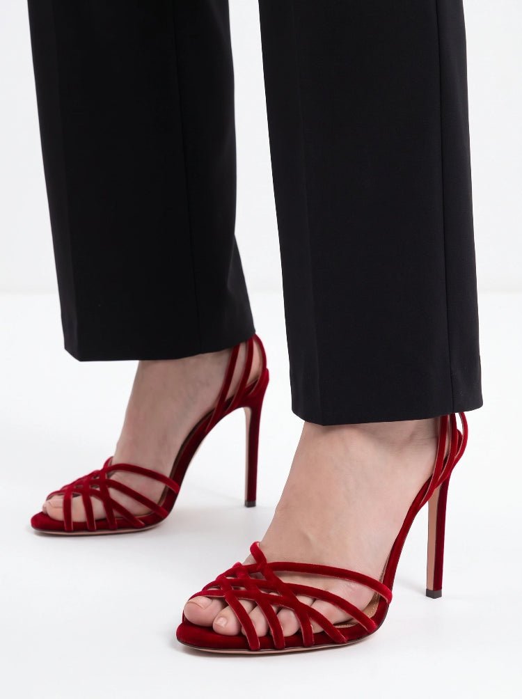 Red Suede Stiletto Sandals Strappy Ankle Strap Square Toe Party Heels - Styeenigma