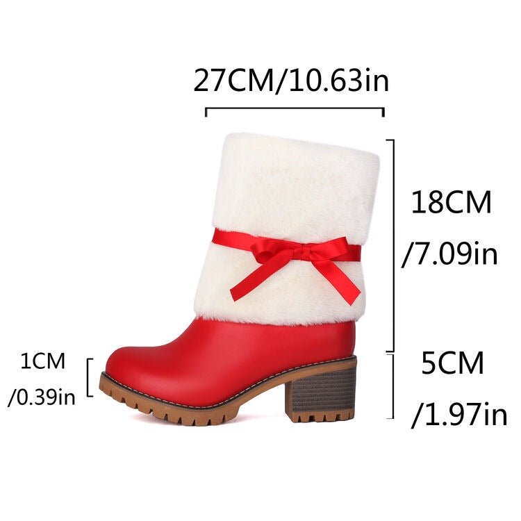 Red Christmas Ankle Boots Faux Fur Bow Suede Block Heel | Holiday Winter Shoes - Styeenigma