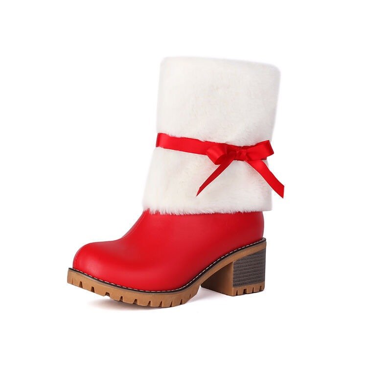 Red Christmas Ankle Boots Faux Fur Bow Suede Block Heel | Holiday Winter Shoes - Styeenigma
