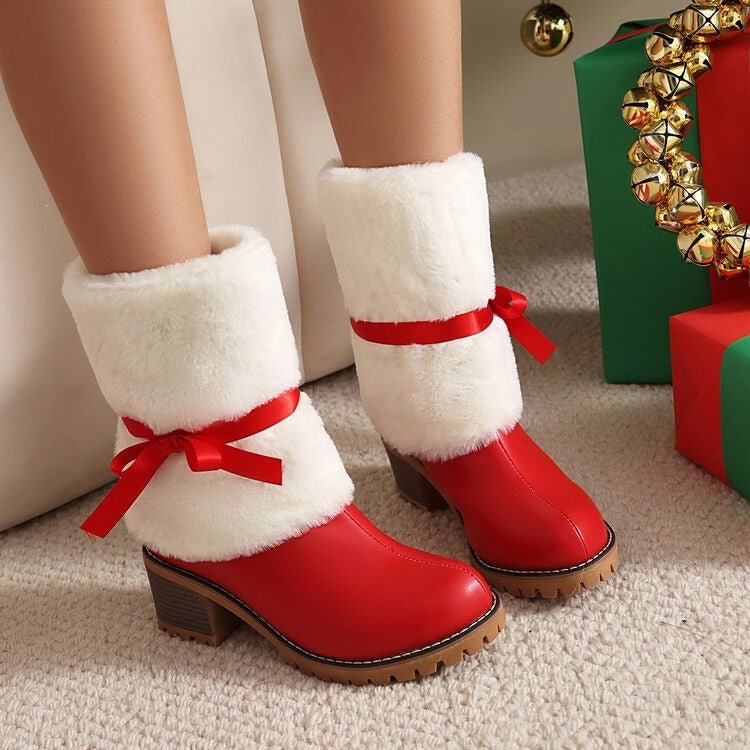 Red Christmas Ankle Boots Faux Fur Bow Suede Block Heel | Holiday Winter Shoes - Styeenigma