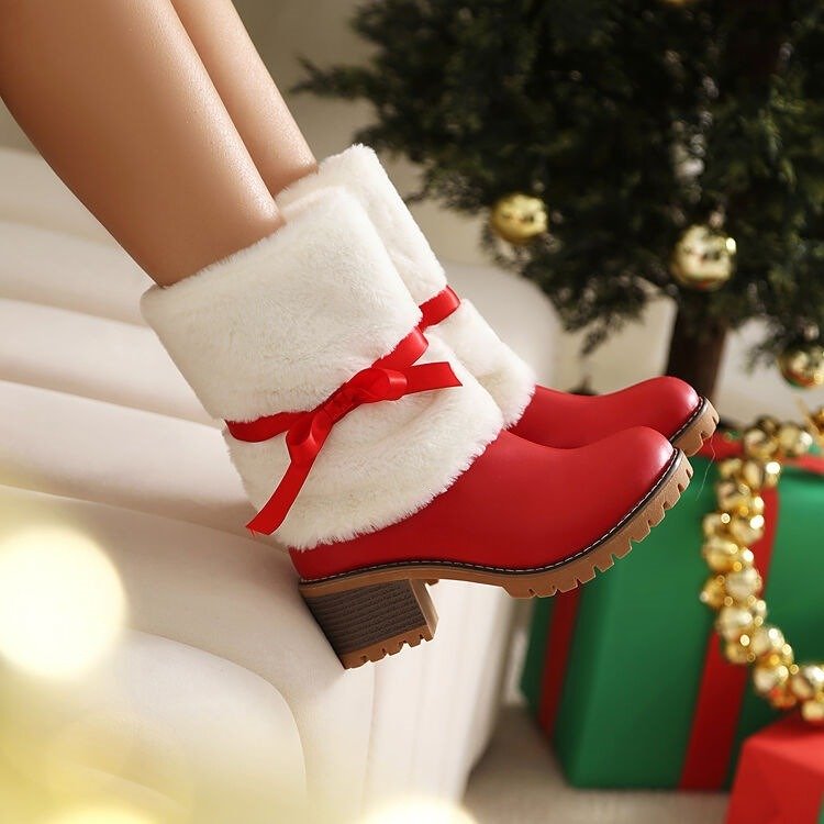 Red Christmas Ankle Boots Faux Fur Bow Suede Block Heel | Holiday Winter Shoes - Styeenigma
