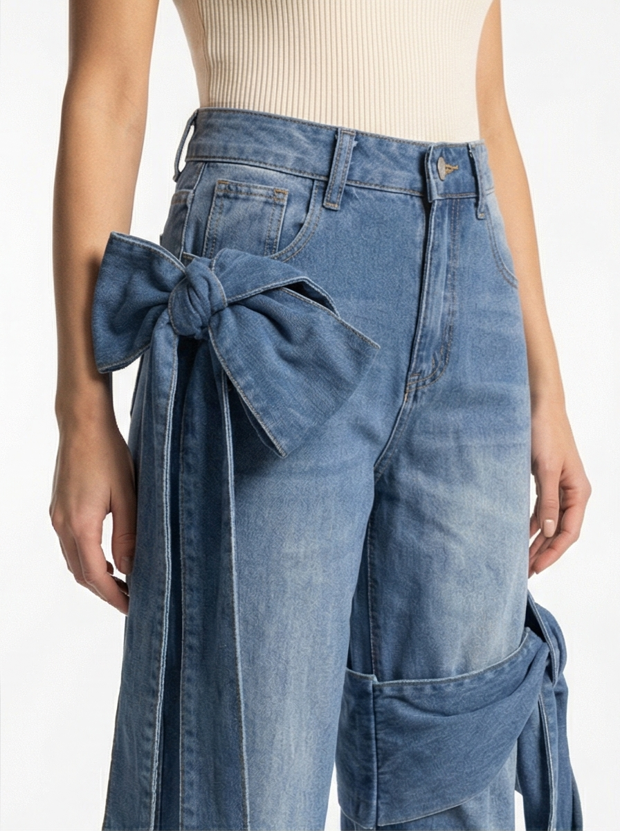 Blue denim pants with a bow detail on a white background
