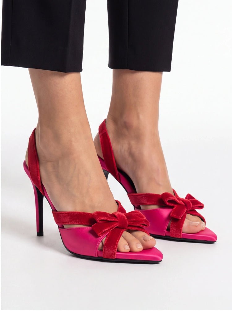 Women's Fuchsia Velvet Slingback Heels with Bow – Stiletto Sandals - Styeenigma