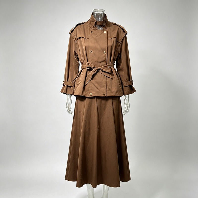 Brown Two Piece Trench Set Women | Belted Peplum Top & Midi Skirt Suit - Styeenigma