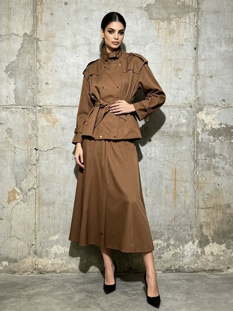 Brown Two Piece Trench Set Women | Belted Peplum Top & Midi Skirt Suit - Styeenigma