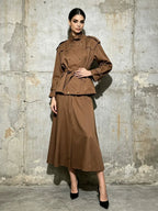 Brown Two Piece Trench Set Women | Belted Peplum Top & Midi Skirt Suit - Styeenigma